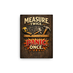 Measure twice Panic once canvas print on a plain backdrop in size 12"x16".