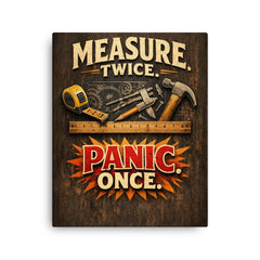 Measure twice Panic once canvas print on a plain backdrop in size 16"x20".