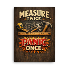 Measure twice Panic once canvas print on a plain backdrop in size 18"x24".