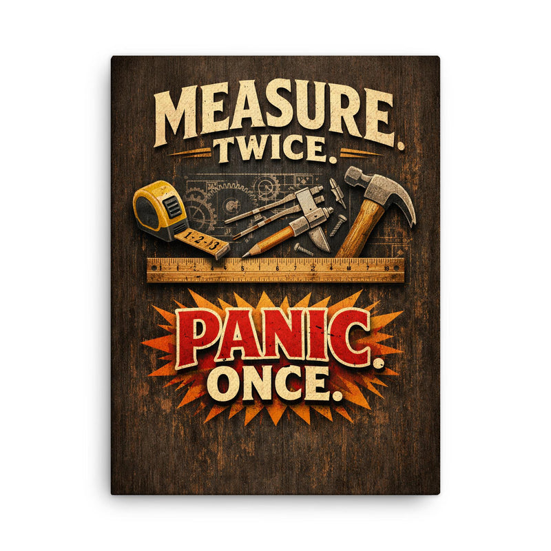 Measure twice Panic once canvas print on a plain backdrop in size 18