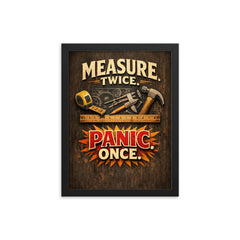 Measure twice Panic once framed print on a plain backdrop in size 12"x16".