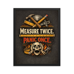 Measure twice Panic once framed print on a plain backdrop in size 16"x20".