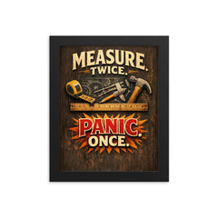 Measure twice Panic once framed print on a plain backdrop in size 8"x10".
