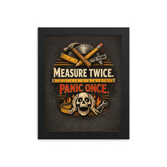 Measure twice Panic once framed print on a plain backdrop in size 8"x10".