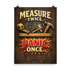 Measure twice Panic once poster on a plain backdrop in size 8"x10".