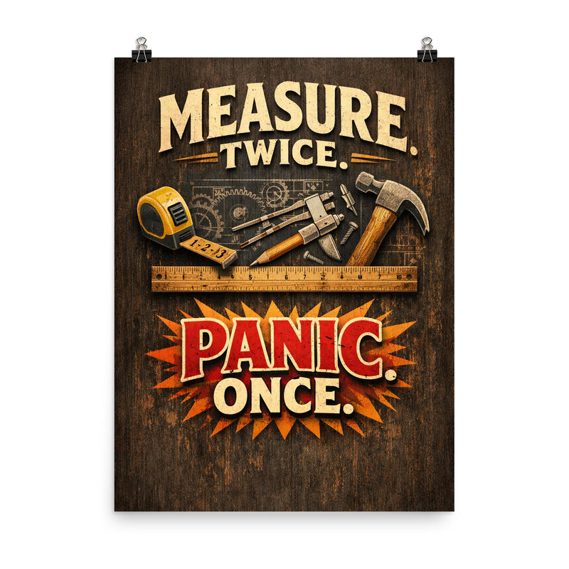 Measure twice Panic once poster on a plain backdrop in size 8
