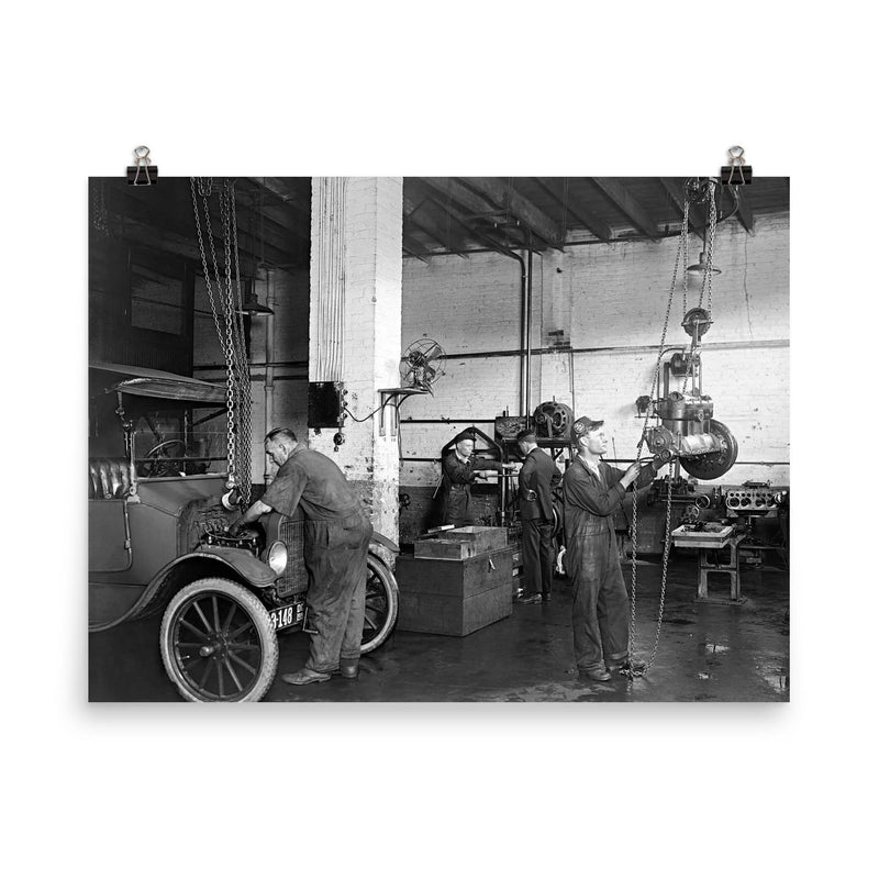 Mechanics at an auto repair shop replacing an engine in an early model car - Washington, DC, 1920 poster on a plain backdrop in size 8