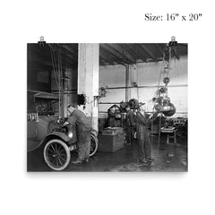 Mechanics at an auto repair shop replacing an engine in an early model car - Washington, DC, 1920 poster 2
