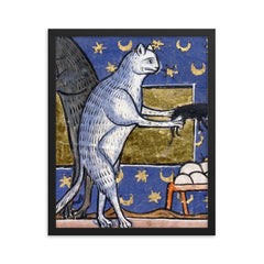 Medieval Cat Asking for Approval framed print on a plain backdrop in size 16"x20".