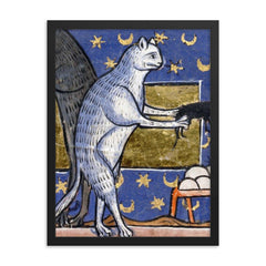 Medieval Cat Asking for Approval framed print on a plain backdrop in size 18"x24".