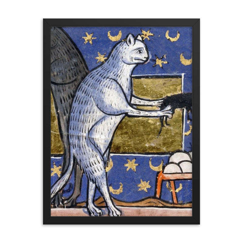 Medieval Cat Asking for Approval framed print on a plain backdrop in size 18