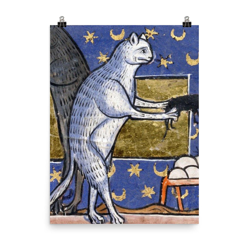 Medieval Cat Asking for Approval poster on a plain backdrop in size 8