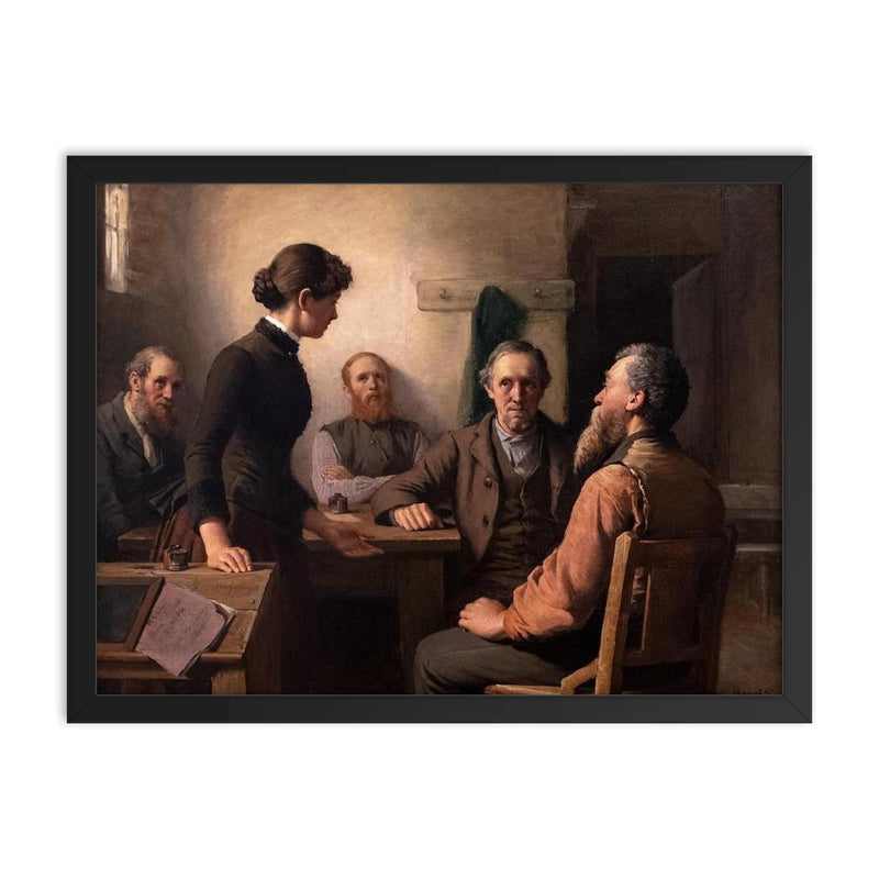 Meeting of the School Board Trustees by Robert Harris, 1885 framed print on a plain backdrop in size 18