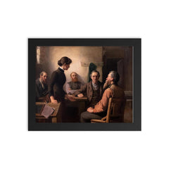Meeting of the School Board Trustees by Robert Harris, 1885 framed print on a plain backdrop in size 8"x10".