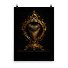 Megalodon tooth reliquary on black velvet altar poster on a plain backdrop in size 8"x10".