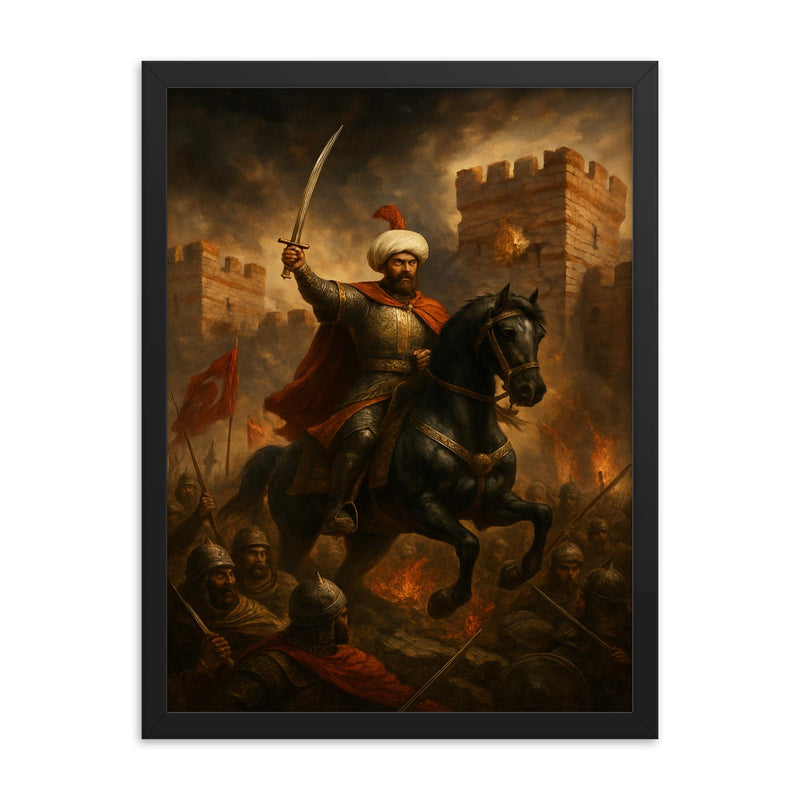 Mehmed II before breached Constantinople wall framed print on a plain backdrop in size 18