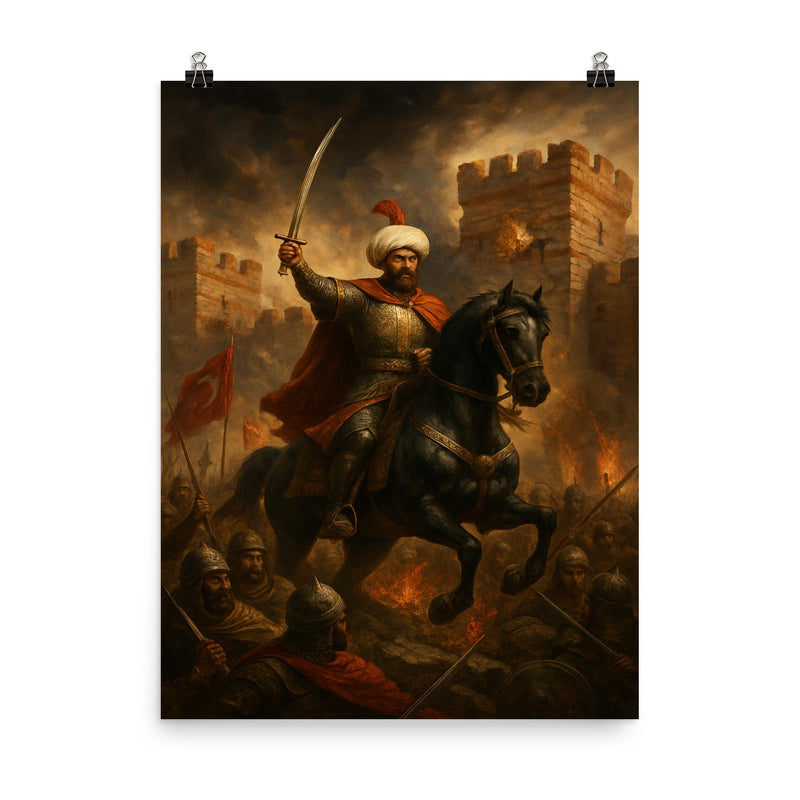 Mehmed II before breached Constantinople wall poster on a plain backdrop in size 8