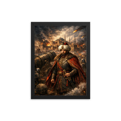 Mehmed II before Constantinople cannons framed print on a plain backdrop in size 12"x16".