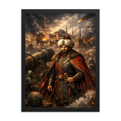 Mehmed II before Constantinople cannons framed print on a plain backdrop in size 18"x24".
