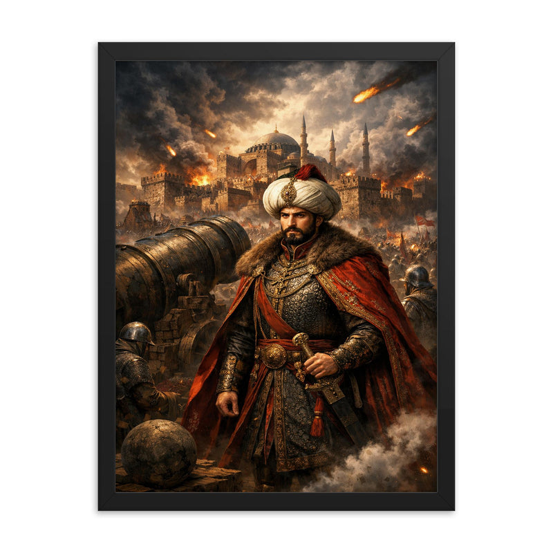 Mehmed II before Constantinople cannons framed print on a plain backdrop in size 18