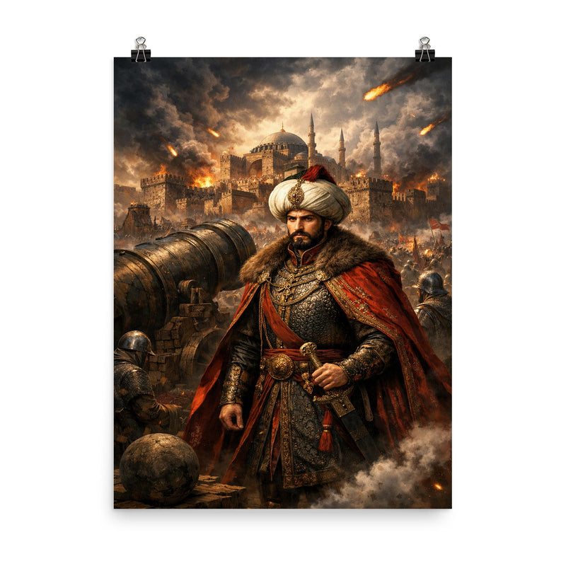 Mehmed II before Constantinople cannons poster on a plain backdrop in size 8