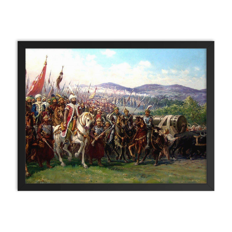Mehmet II Conquering Constantinople by Fausto Zonaro, 1903 framed print on a plain backdrop in size 18