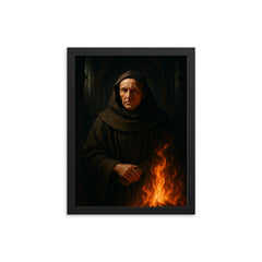 Meister Eckhart in cathedral shadows and fire framed print on a plain backdrop in size 12"x16".