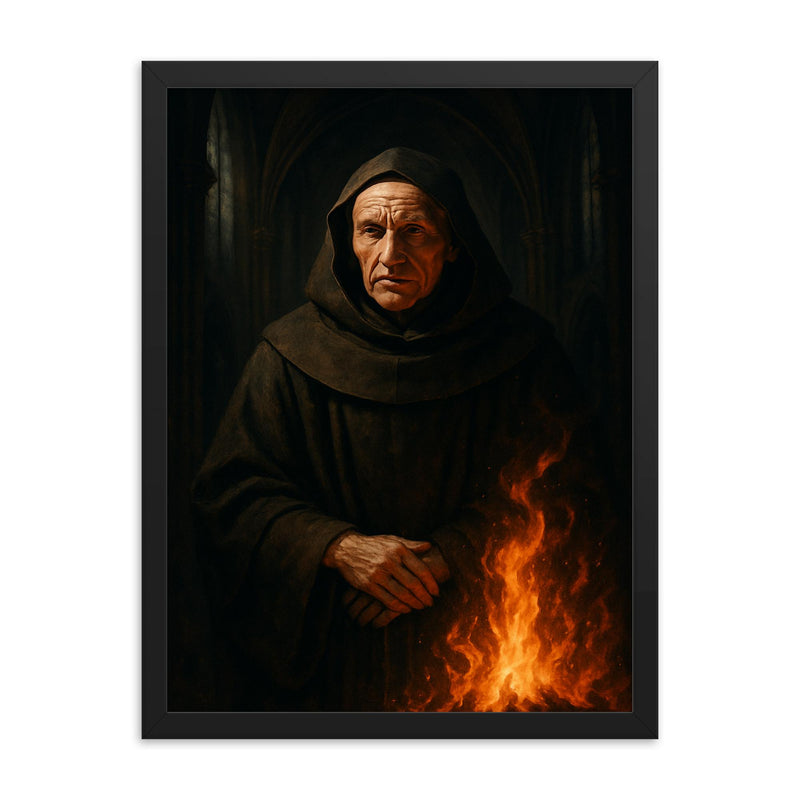 Meister Eckhart in cathedral shadows and fire framed print on a plain backdrop in size 18
