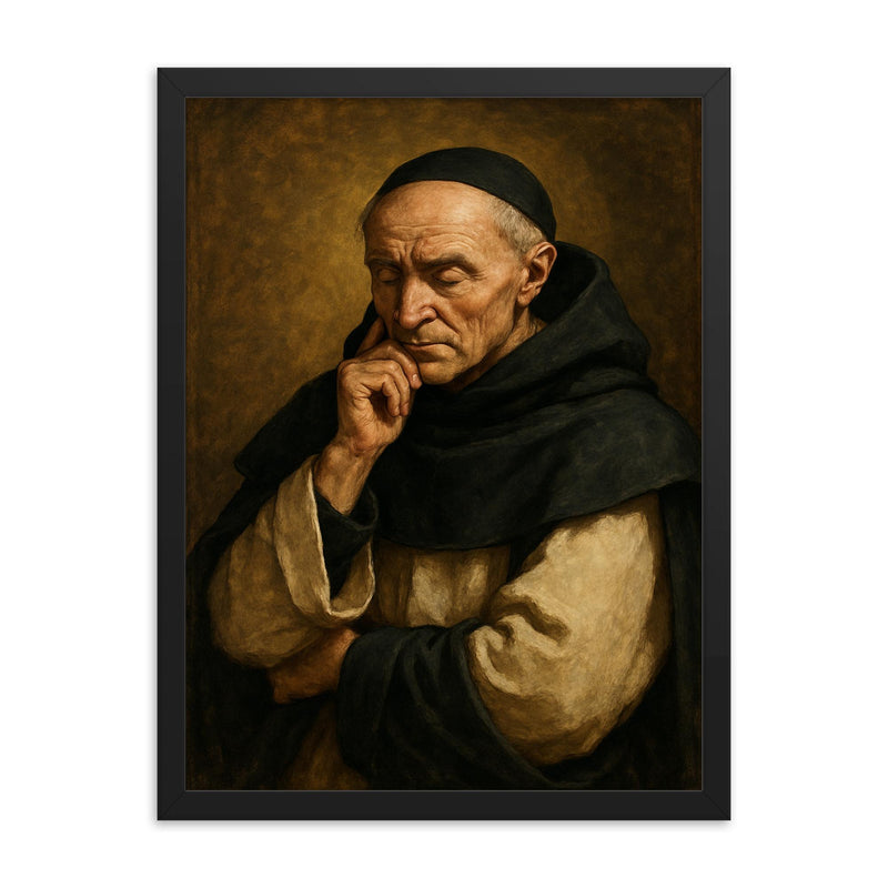 Meister Eckhart in Dominican habit contemplation framed print on a plain backdrop in size 18
