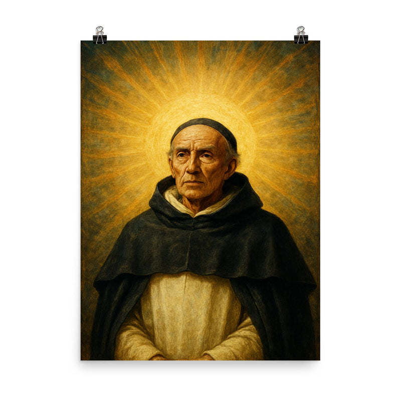 Meister Eckhart in Dominican habit under radiant emptiness poster on a plain backdrop in size 8