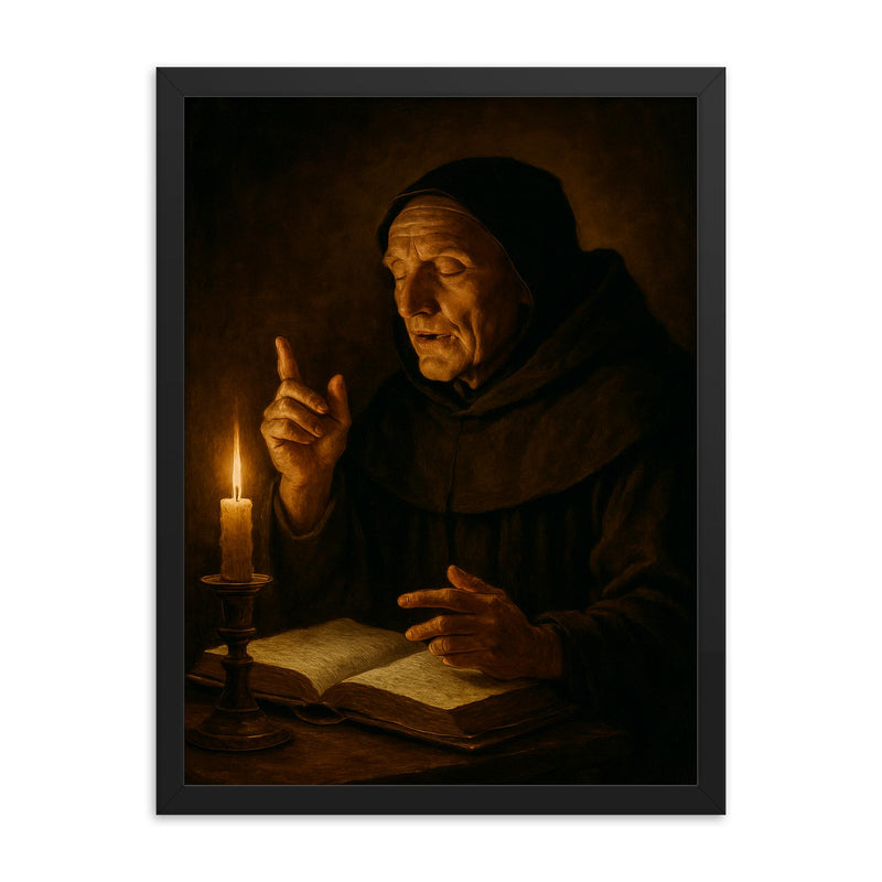 Meister Eckhart sermon in candlelight framed print on a plain backdrop in size 18