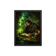 Melancholic alchemist in laboratory of green fire framed print on a plain backdrop in size 12"x16".
