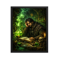 Melancholic alchemist in laboratory of green fire framed print on a plain backdrop in size 16"x20".