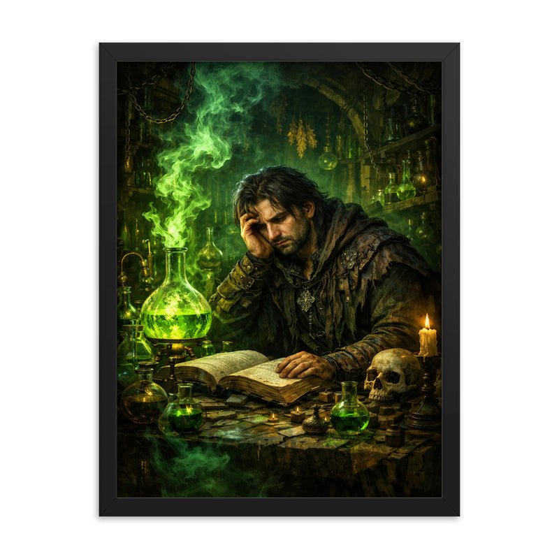 Melancholic alchemist in laboratory of green fire framed print on a plain backdrop in size 18