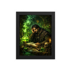 Melancholic alchemist in laboratory of green fire framed print on a plain backdrop in size 8"x10".
