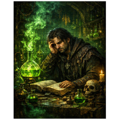 Melancholic alchemist in laboratory of green fire jigsaw puzzle