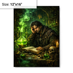 Melancholic alchemist in laboratory of green fire metal print on a plain backdrop in size 12"x16".