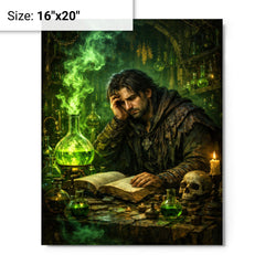 Melancholic alchemist in laboratory of green fire metal print on a plain backdrop in size 16"x20".