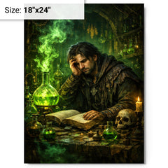 Melancholic alchemist in laboratory of green fire metal print on a plain backdrop in size 18"x24".