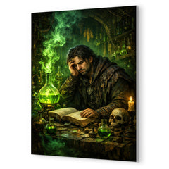 Melancholic alchemist in laboratory of green fire metal print mockup