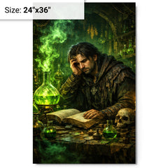 Melancholic alchemist in laboratory of green fire metal print on a plain backdrop in size 24"x36".