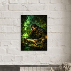 Melancholic alchemist in laboratory of green fire metal print mockup