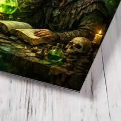 Melancholic alchemist in laboratory of green fire metal print mockup