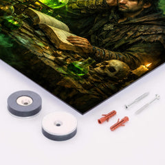 Melancholic alchemist in laboratory of green fire metal print mockup