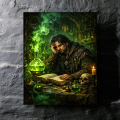 Melancholic alchemist in laboratory of green fire metal print mockup