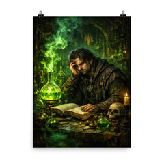 Melancholic alchemist in laboratory of green fire poster on a plain backdrop in size 8"x10".