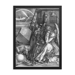 Melancolia by Albrecht Dürer framed print on a plain backdrop in size 18"x24".