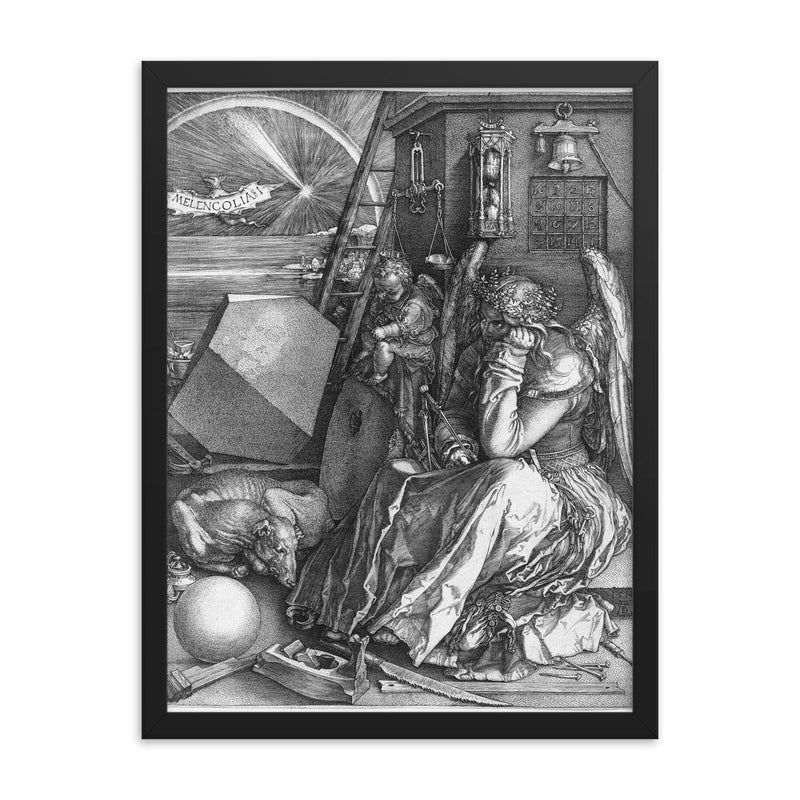 Melancolia by Albrecht Dürer framed print on a plain backdrop in size 18
