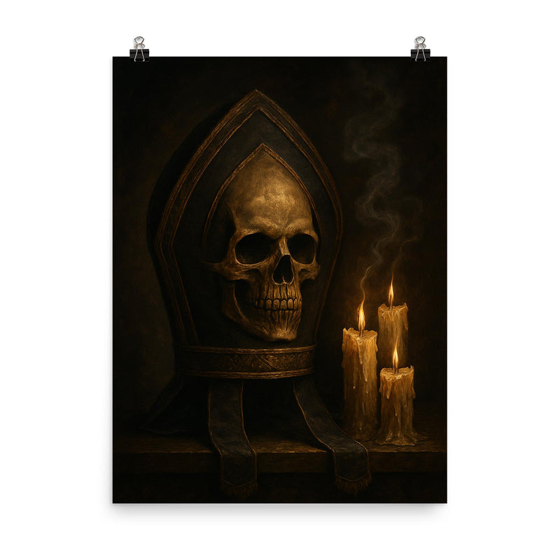 Memento mori bishop's mitre beside extinguished candles poster on a plain backdrop in size 8