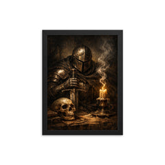 Memento mori knight beside extinguished candle framed print on a plain backdrop in size 12"x16".